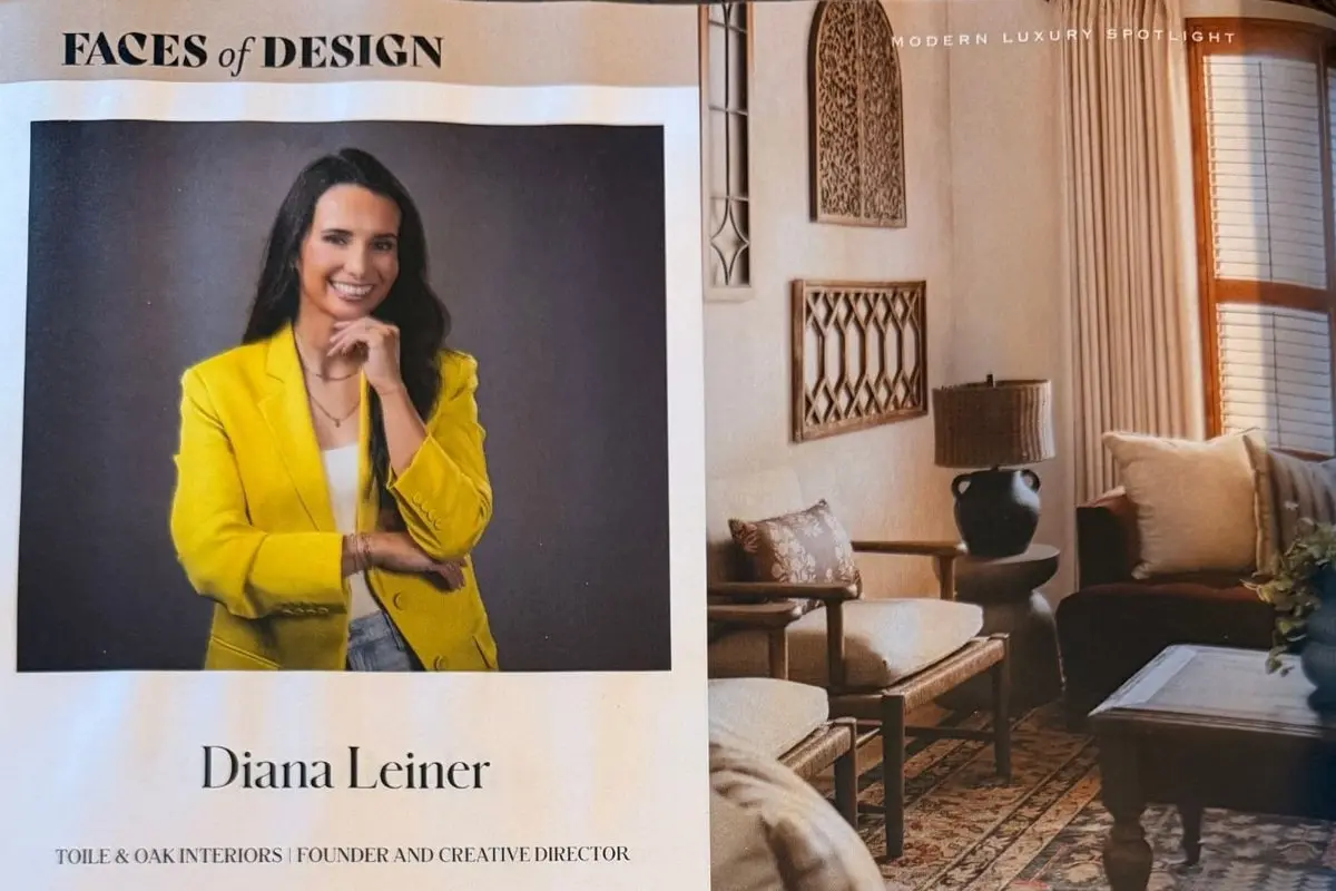 Philadelphia Style Faces of Design page, November 2026, with Diana Leiner’s portrait beside a vacation rental living room by Toile & Oak